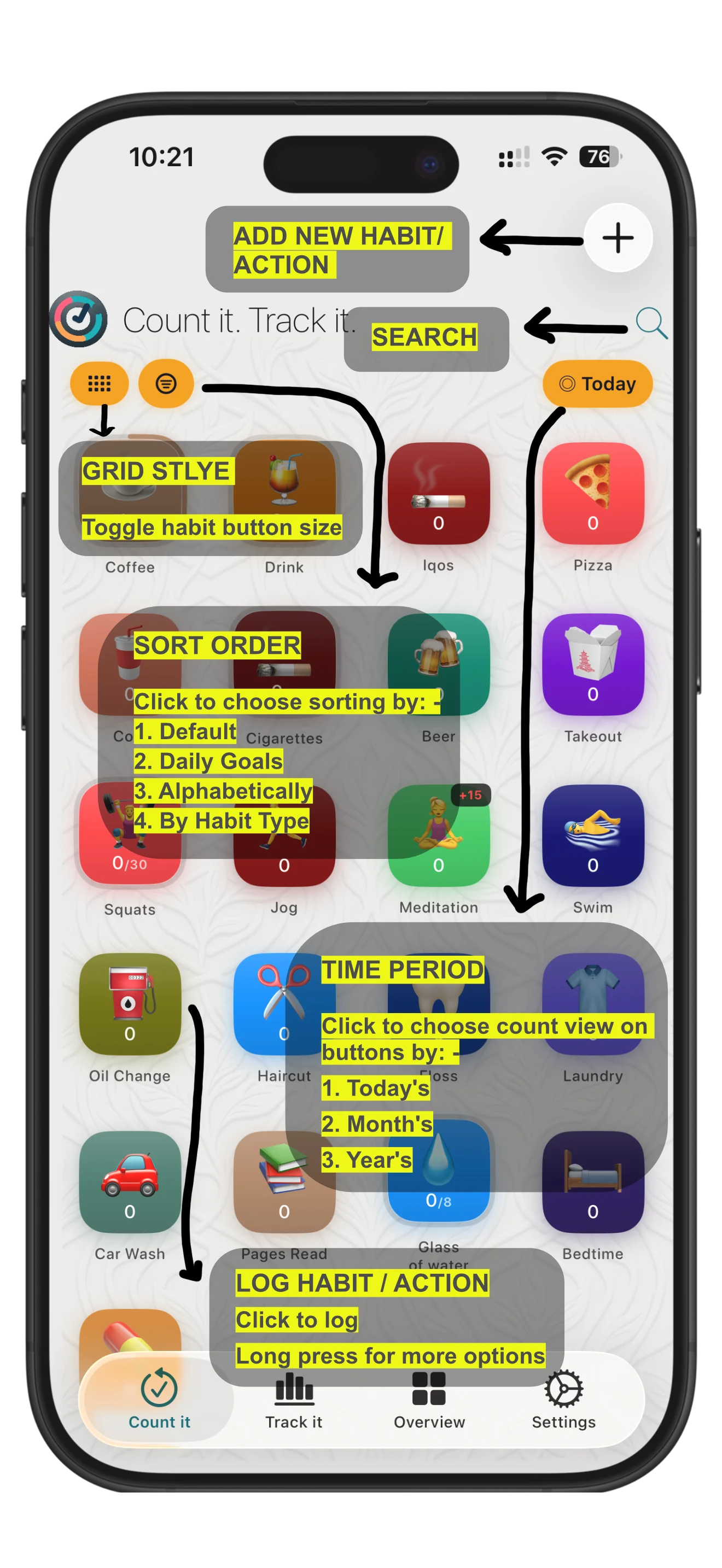 Annotated Home screen showing grid style, sort order, and time period controls