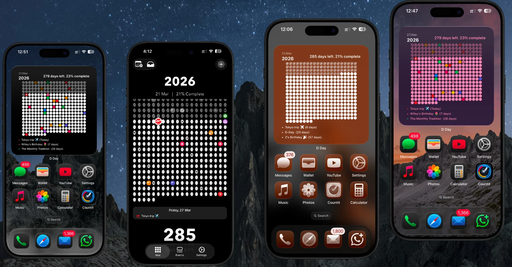 Visual year tracker showing a 365-day dot matrix timeline
