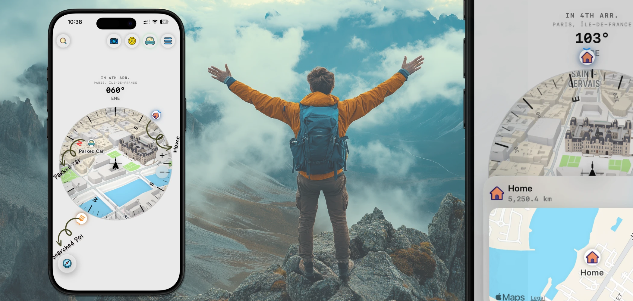 Roamy iOS app showing a GPS home compass needle pointing toward home