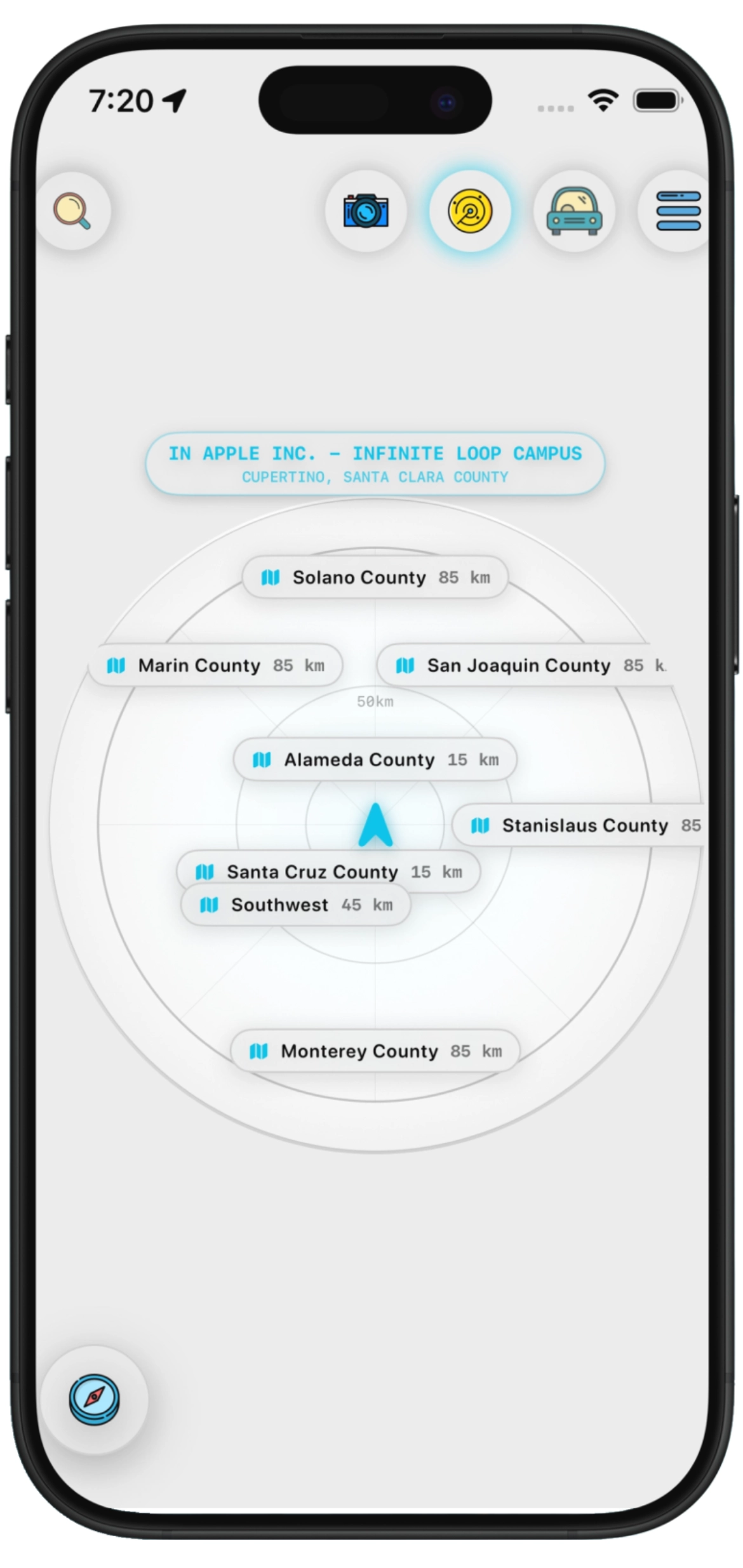 Roamy radar screen aligning nearby places and locked locations to your heading