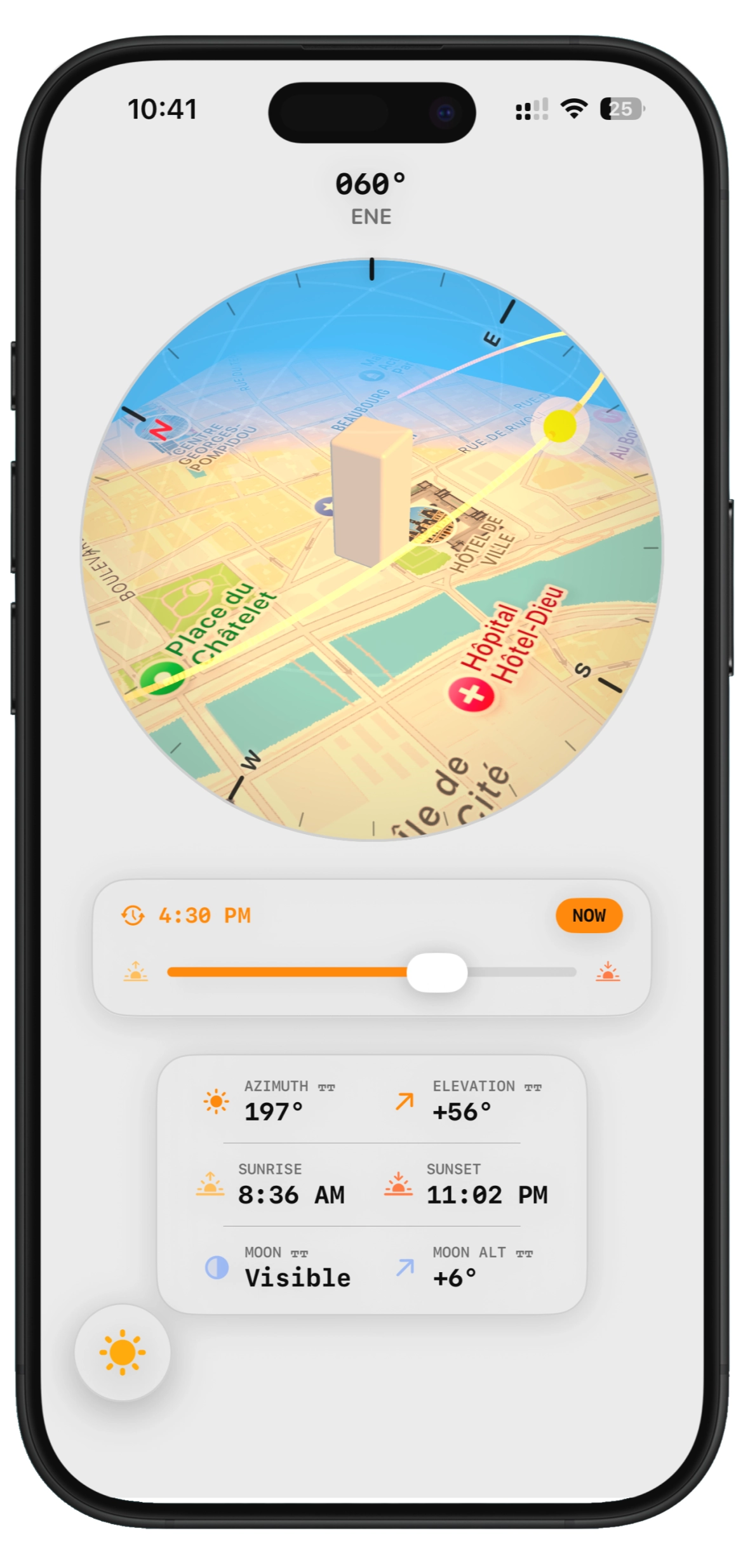 Roamy sun and shadow tracker showing solar elevation and azimuth