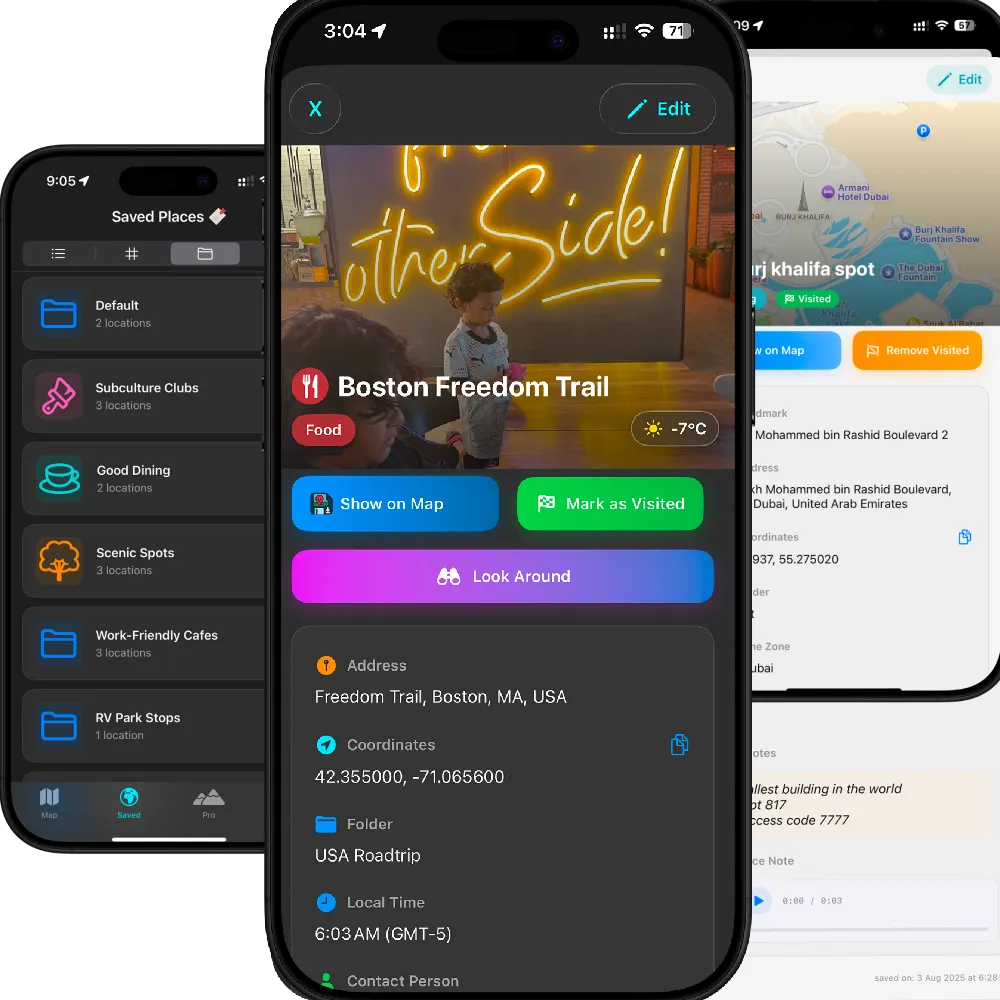 Save map locations with custom photos, voice memos, and tags