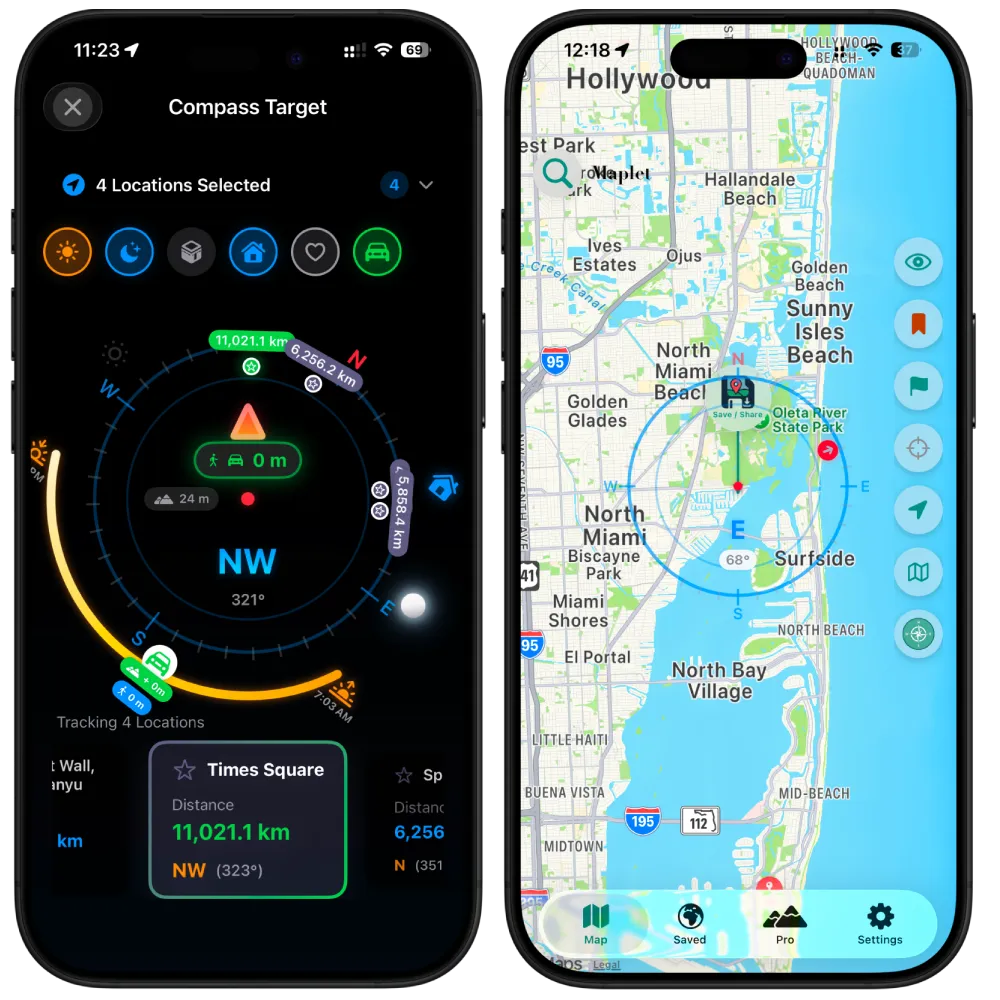 Live compass tracking for saved map locations and parked cars