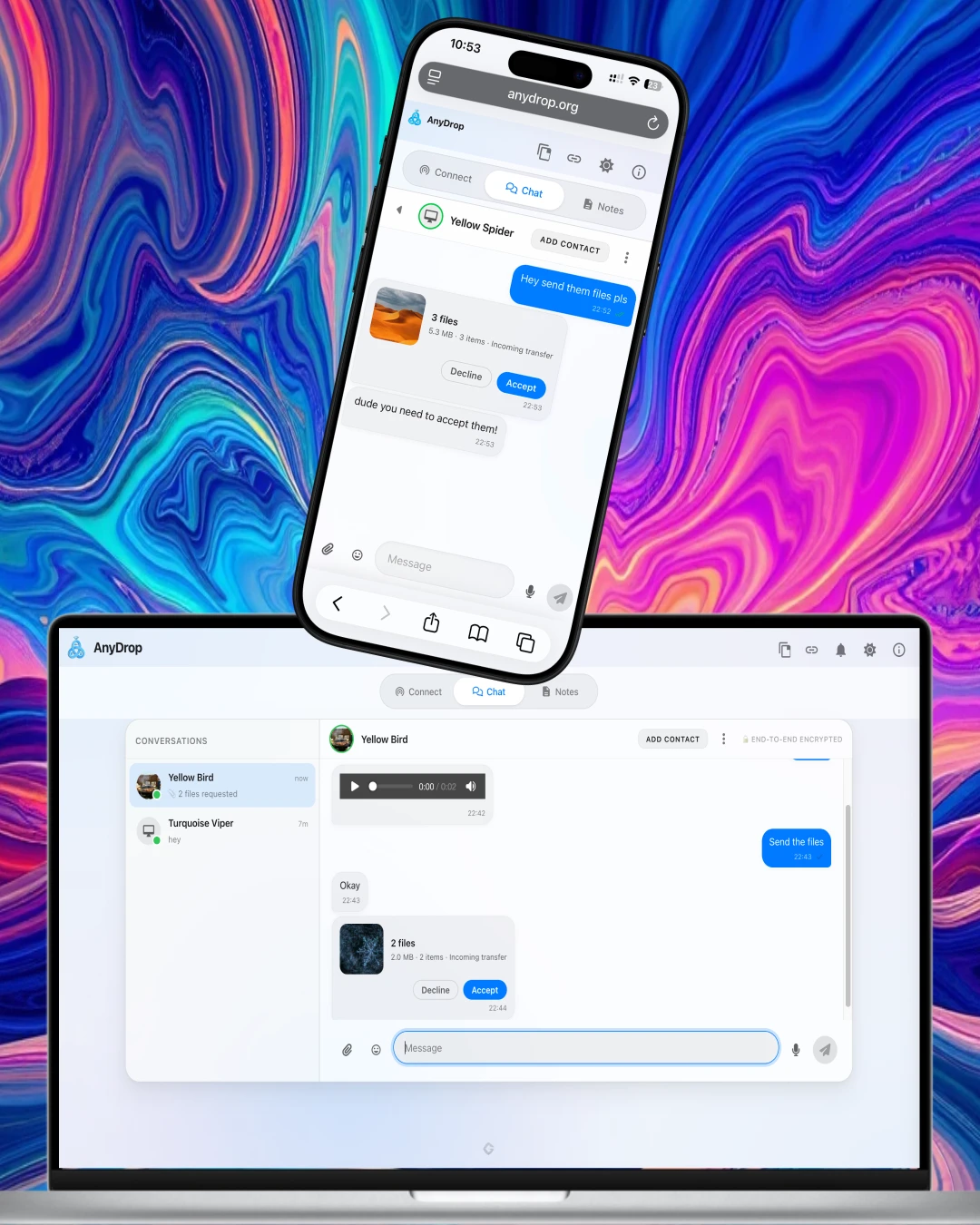 AnyDrop encrypted peer-to-peer chat interface