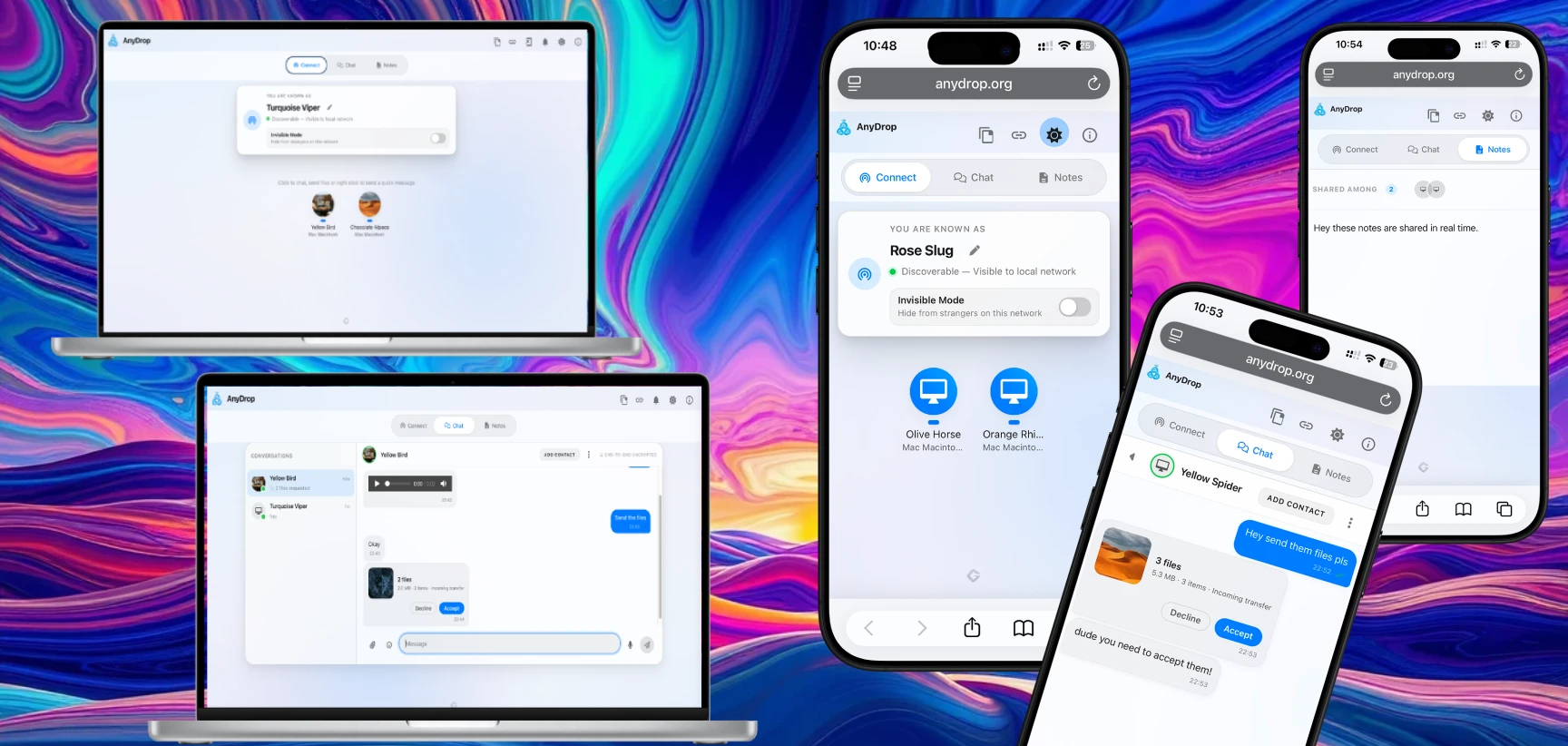 AnyDrop cross-platform secure file transfer and chat web app interface preview