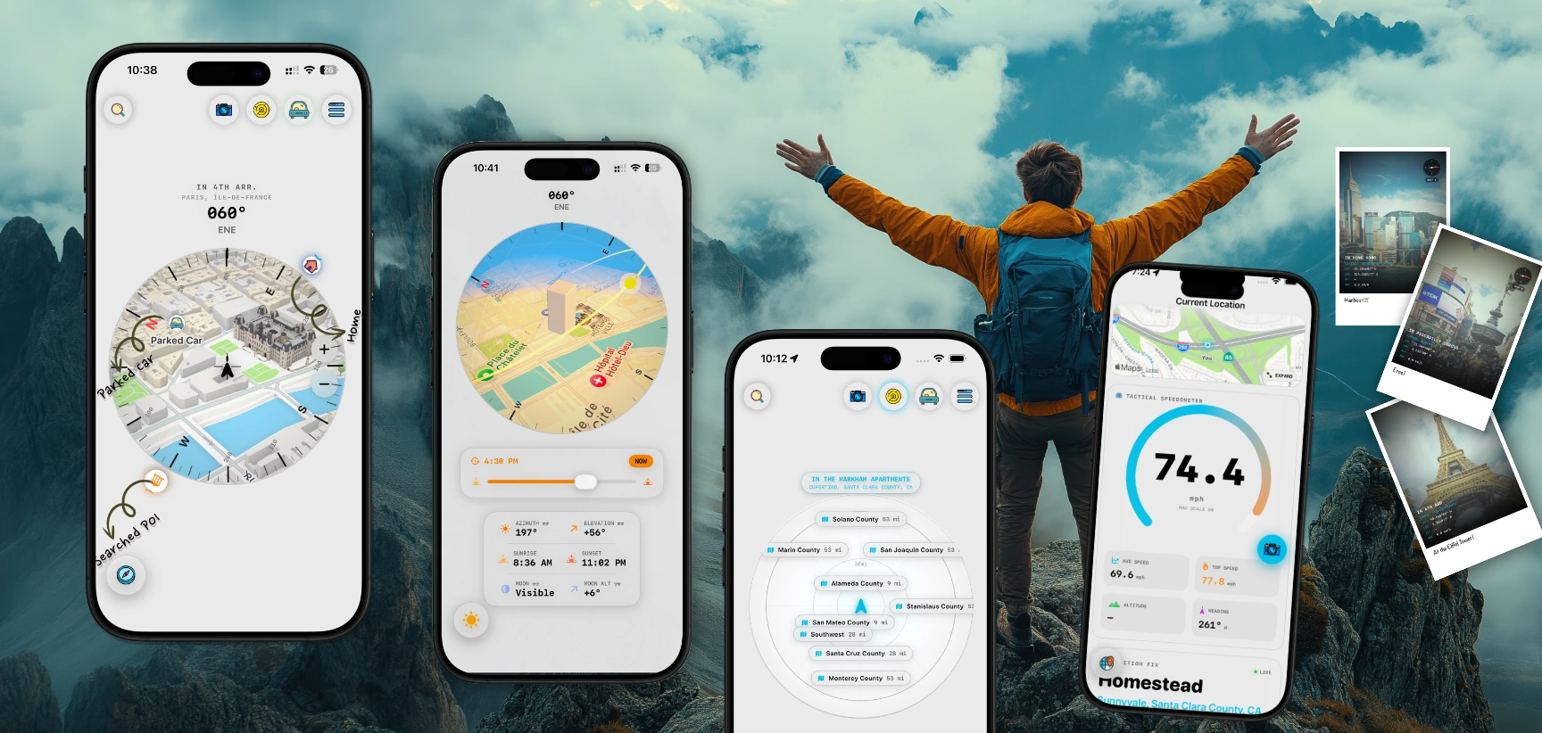 Roamy home compass and sun navigation app interface preview